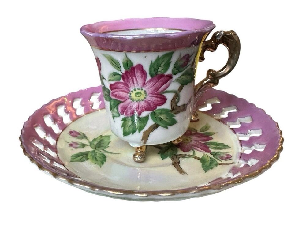 Iridescent Footed Tea Cup & Saucer Enesco Japan Roses Pink Gold Lusterware